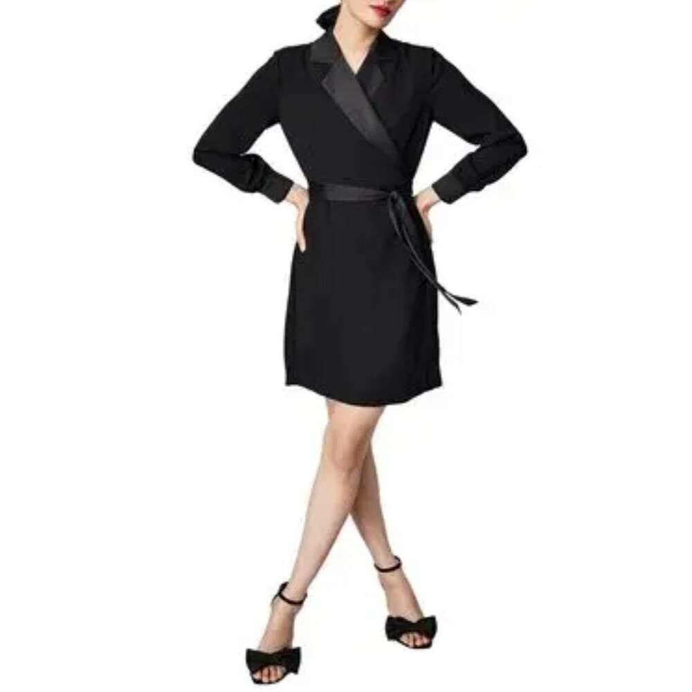Untuckit Women Black Collared Long Sleeve Wrap Dress Button Size S